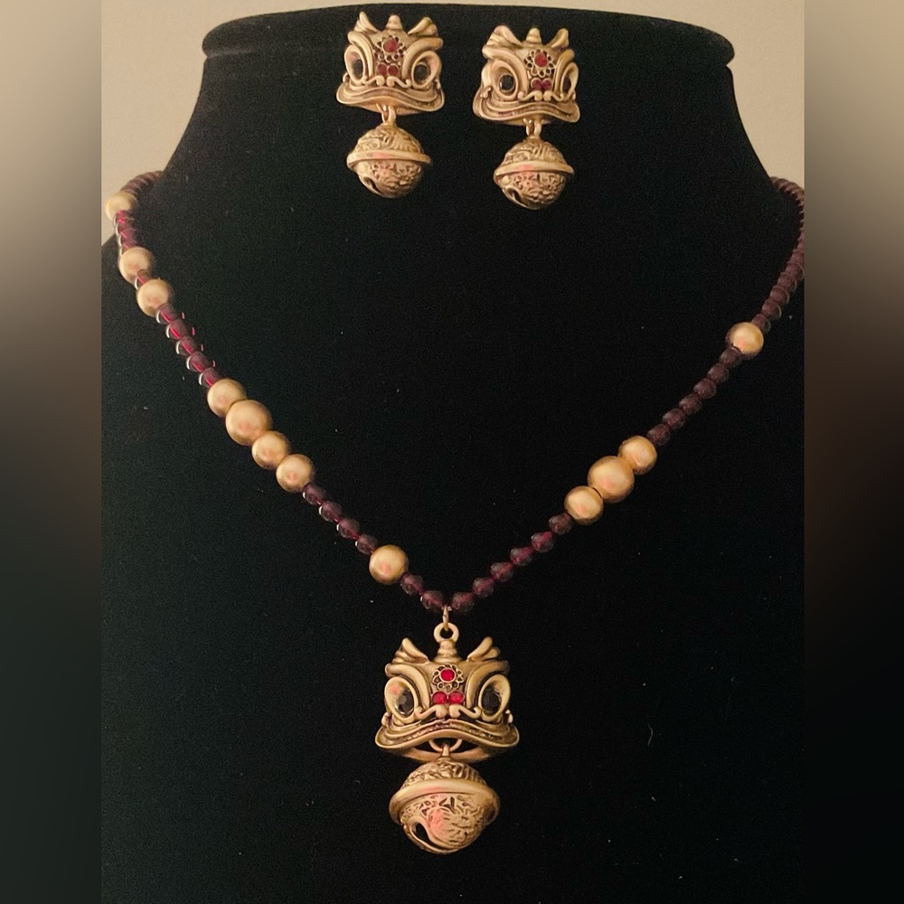 #85 Chinese Lion Dance Mask Pendant Necklace & Earrings Set